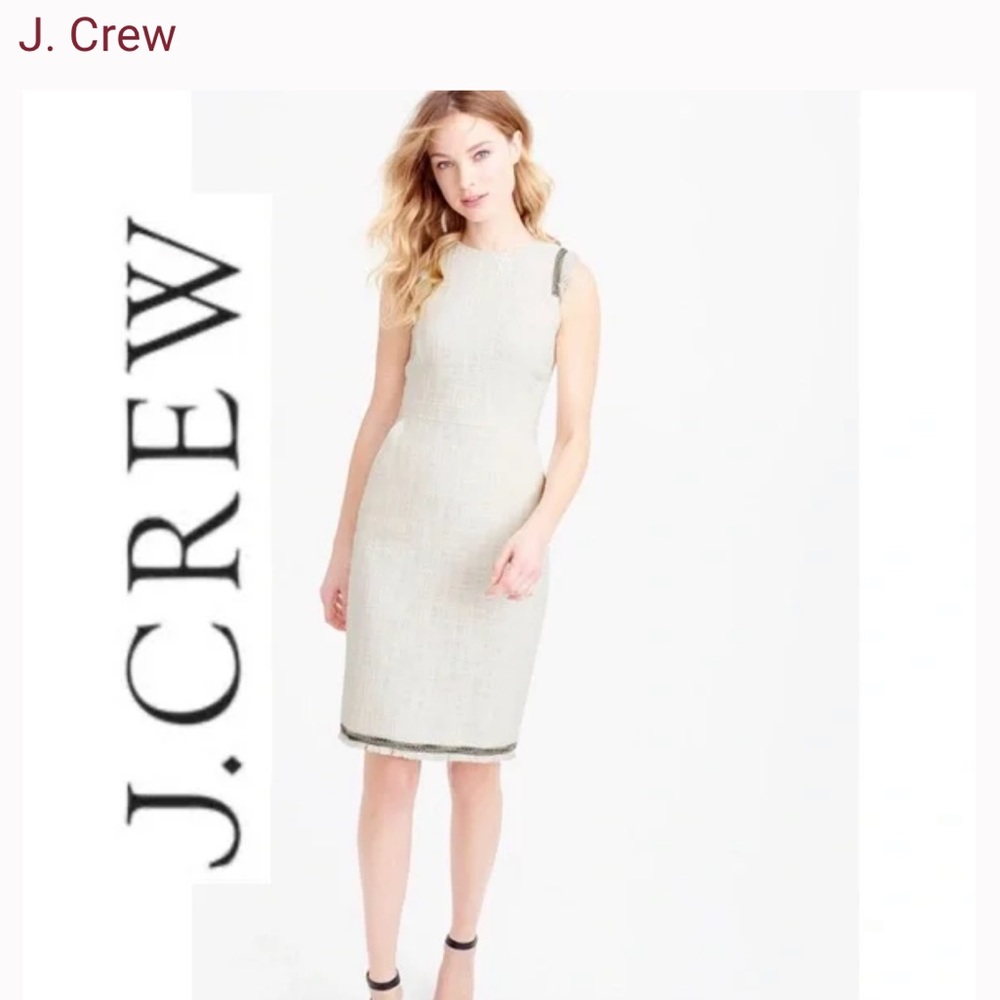 J. Crew Cream Tweed Sheath Dress with Fringe Hem Size 4